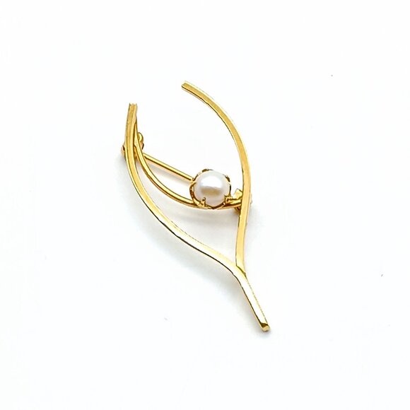 Delicate Wishbone Brooch with Pearl, Lovely Vintage Gold Tone Thanksgiving Lapel - Picture 1 of 3